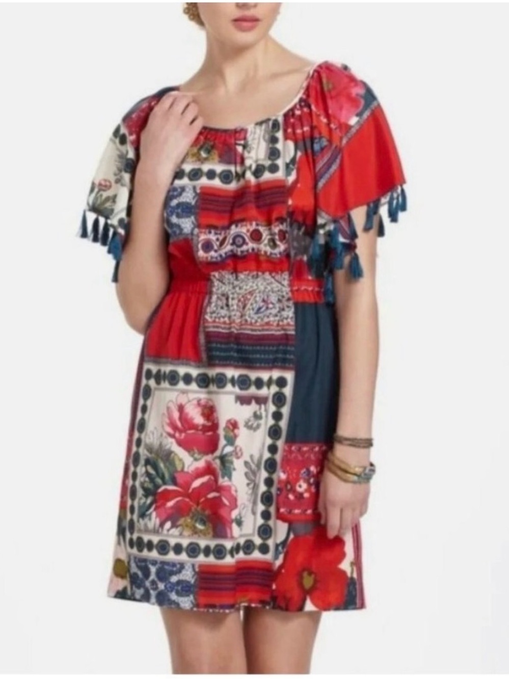 Vanessa Virginia Anthropologie Boho Tassel Sleeve Tunic Dress Mixed Print
